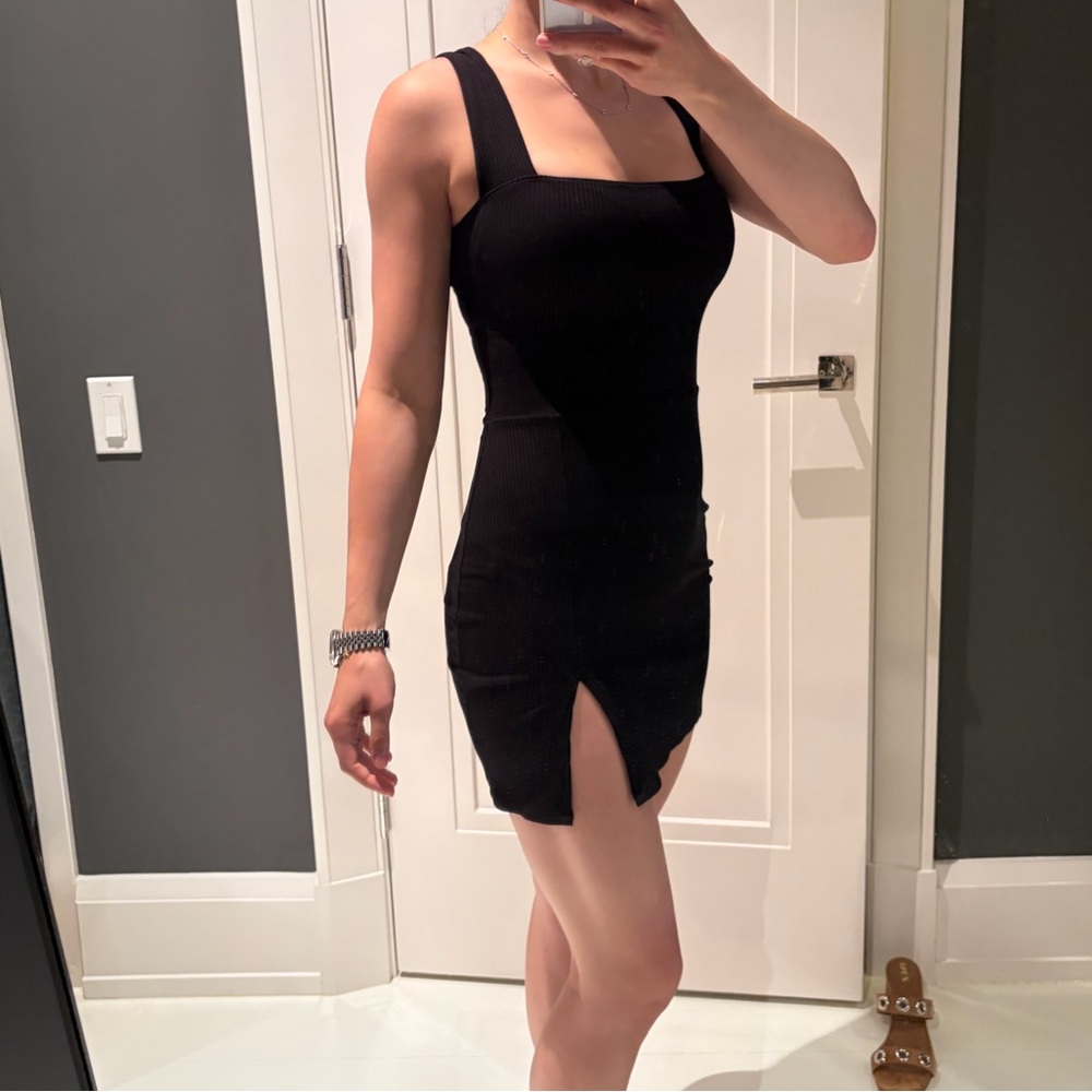 REFORMATION Sleek Black Square Neck Bodycon Dress with Front Slit